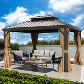 10'x12' Hardtop Gazebo Galvanized Steel Double-Roof Gazebo w/ Netting & Curtain, Brown